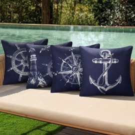 Outdoor Garden Cushion Cover, Waterproof Sofa Cushion Spring Summer Navy Blue Nautical Ocean Decorative Cushion Cover Linen for Outdoor Balcony Patio Garden Farmhouse Decor 45 x 45 cm Set of 4