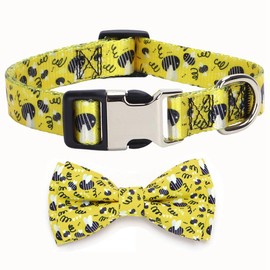 Bow Tie Collar for Dogs, Pretty Bowtie Cat Collar Durable Metal Buckle Outdoor Adjustable for Xs Small Medium Large Breed Pet Girls Boys Puppy Kitten, Yellow Bee M