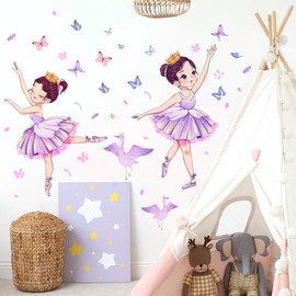 Elegant Ballet Dancers Wall Decal -Themed Kids Room Wall Decals - Dancing Girls with Purple Dresses Golden Crowns，Easy Peel Sticker Perfect for Kids Girls Bedroom Home Wall Nursery Wall Decoration