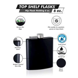 Hip Flask Holding 6 oz - Rubber-Coated Non-Slip Pocket Size, Stainless Steel, Rustproof, Screw-On Cap - Black Finish - Black Gift Box Included