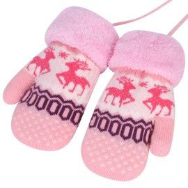 Kids Knit Thermal Mittens Winter Boys Girls Mittens with String Cute Reindeer Thicken Baby Toddler Gloves Warm Fluffy Fleece Lined Double Layer Full Finger Gloves Children Wool Gloves Aged 2-6