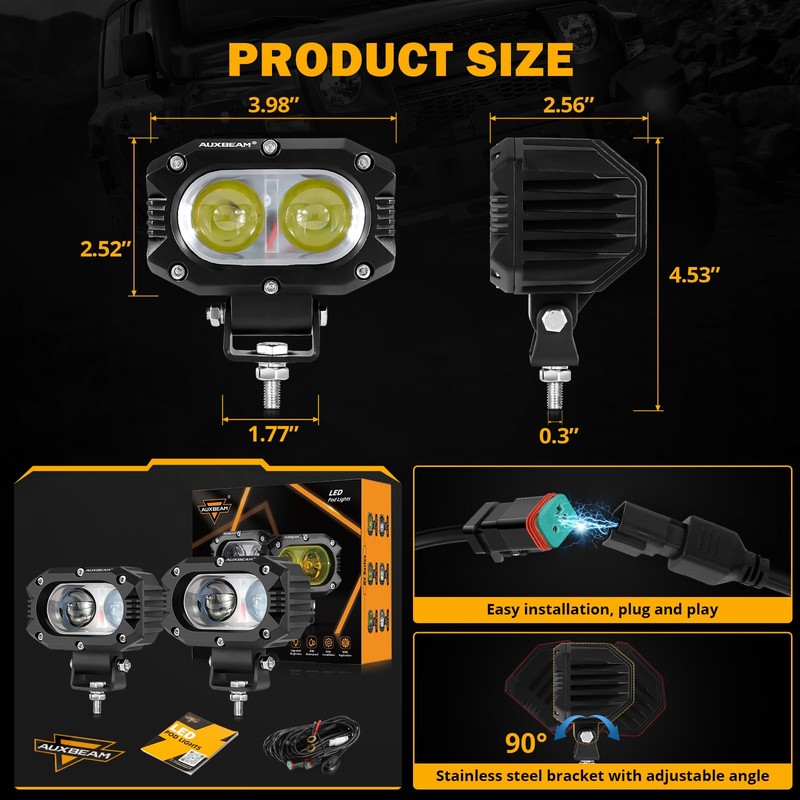 Auxbeam 4 Inch LED Square Pod Light, 60W White Spot