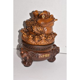 8.5" Beautiful Oriental 3 Legged Lucky Toad Money Frog with Coins and Ingots on a Rotating Ornate Elephant Base
