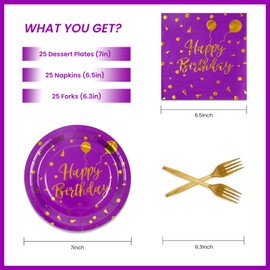 75Pcs Happy Birthday Purple Glod Paper Plates and Napkins Party Supplies Set,Purple Disposable Plates Party Supplies Includes Paper Napkins Forks Decorations for Birthday,Wedding,Christmas,Serves 25