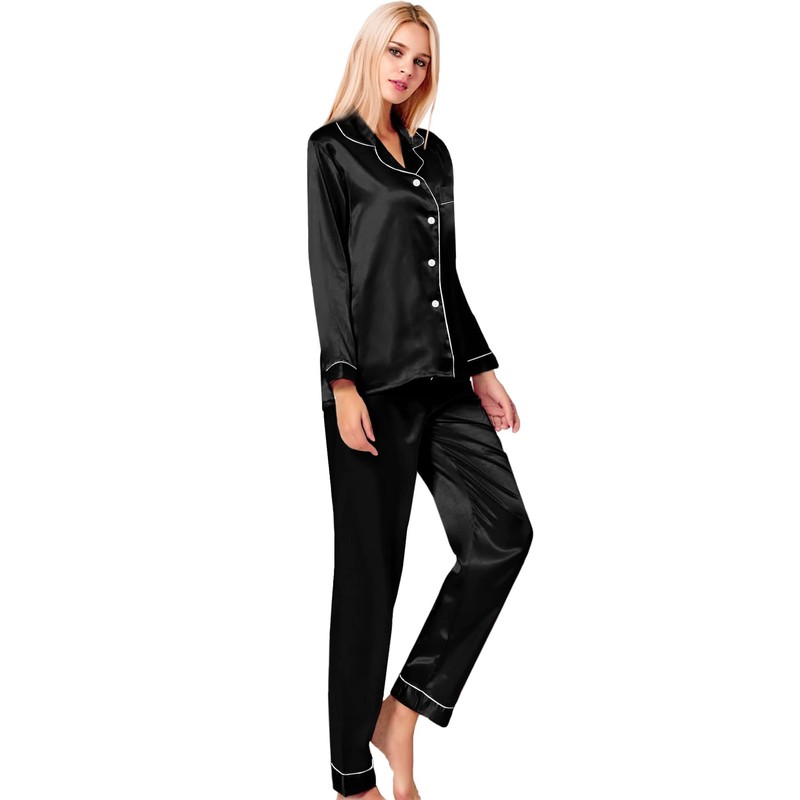 SWOMOG Satin Women's Pyjamas with Button Placket, Long Sleeve Sleepwear,