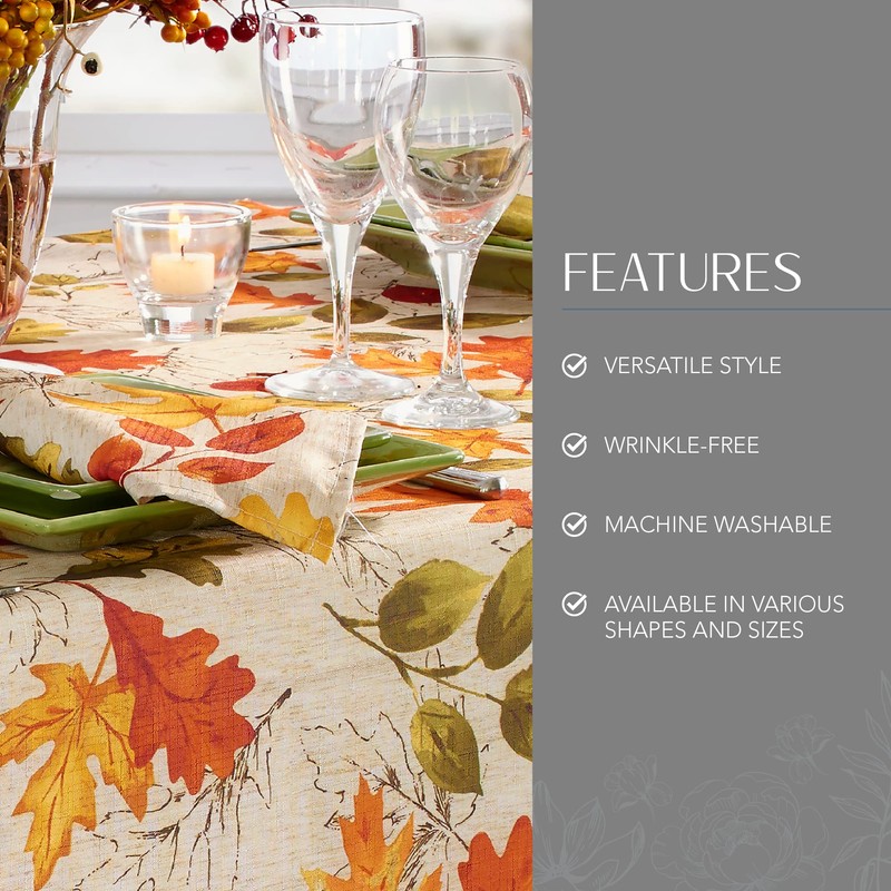 Elrene Home Fashions Autumn Leaves Printed Fabric Tablecloth for Fall/Harvest/Thanksgiving,