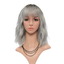 FAELBATY Ombre Grey Wig Short Bob Wigs with Air Fringe Women's Short Wig Curly Wavy Synthetic Cosplay Wig for Girls Costume Wigs (12 Inches Dark Root Ombre Grey)
