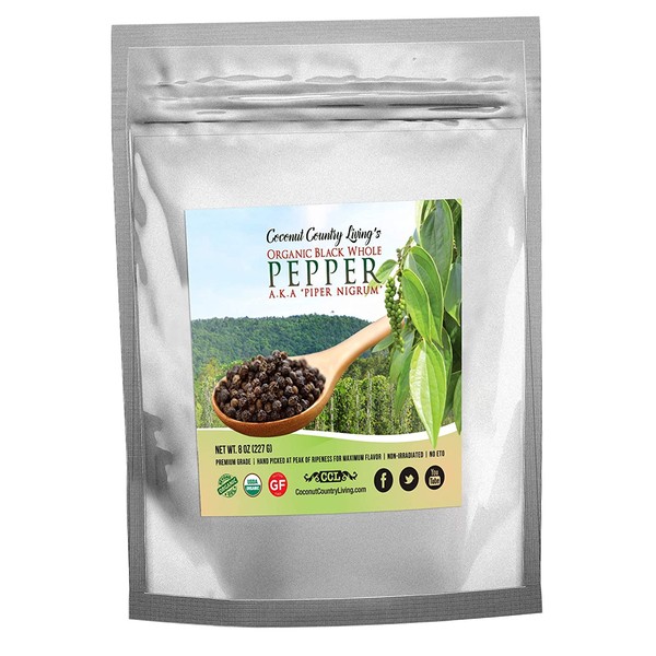 Organic Black Pepper Whole 8 oz, Premium Organic Black Peppercorns For Grinder Refill, Fairtrade