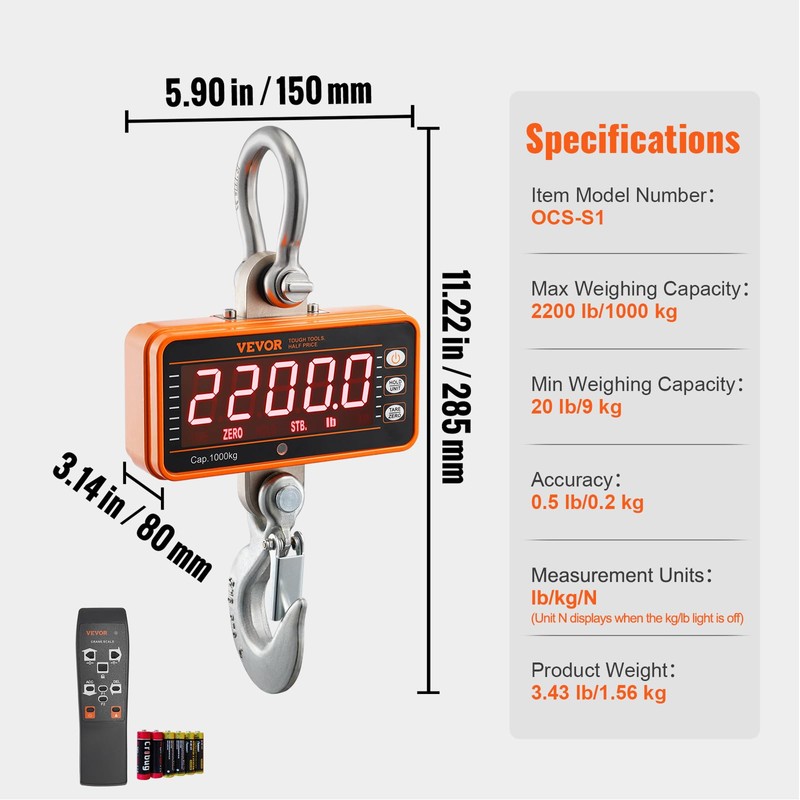 VEVOR Crane Scale, Hanging Scale Industrial Heavy Duty, Digital Crane