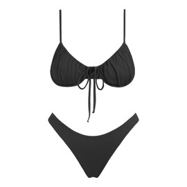VOLAFA Women's Triangle Bikini Set Swimsuit Print Push Up Elastic Tie String Top Ribbed Two Piece Bathing Suit (as1, Numeric, Numeric_4, Regular, Regular, Black)