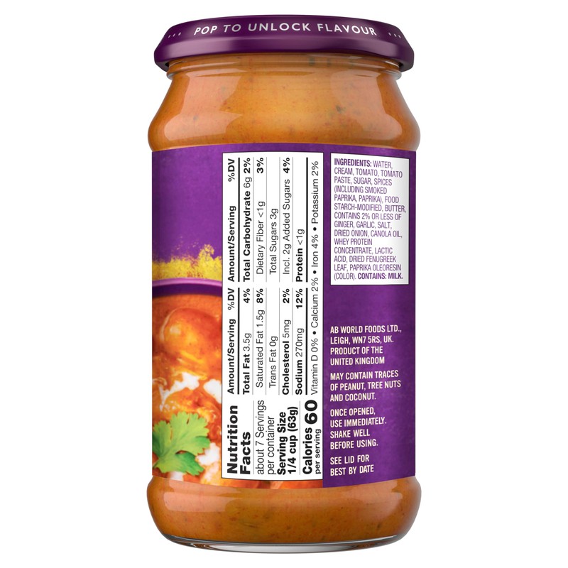 Patak's Butter Chicken Simmer Sauce with Tomato, Cream & Spices,