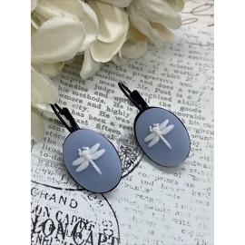 FANCY FOX BOUTIQUE Blue White Dragonfly cute Black New  Boutique French Wire Cameo Earrings Wedding