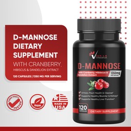 D-Mannose Supplement with Cranberry, Hibiscus, Dandelion Extract 1350mg – High-Strength D Mannose Pills for Bladder, Urinary Tract Support and Cleanse, Liver Health (120 Capsules)