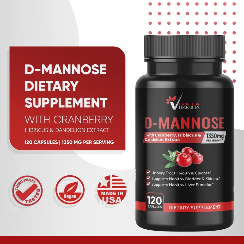 D-Mannose Supplement with Cranberry, Hibiscus, Dandelion Extract 1350mg – High-Strength