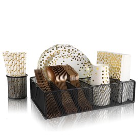 Paper Plate Organizer for Countertop, Silverware Caddy with Handles Metal Paper Plate Dispenser with 6 Compartment Flatware Organizer Utensil Holder for Spoon Fork Plates Cup Napkins Party or Camping