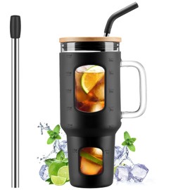 WINSA Glass Tumbler with Straw and Lid, 40 oz Glass Cup with Handle, Glass Water Bottles with Time Marker, 2 Straws - Pearl Straw & Drinking Straw Silicone Protective Sleeve-Black