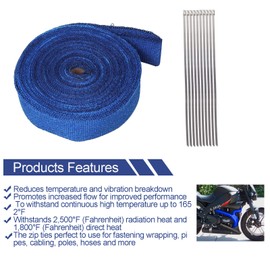 2" x 50' Exhaust Heat Wrap Roll for Motorcycle Fiberglass Heat Shield Tape with Stainless Ties (Blue)