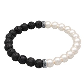 Kuzzoi Buddha Men's Bracelet Made of Lava Gemstone and Synthetic Pearls (8 mm) with Oxidised 925 Sterling Silver Elements, Stretch Bracelet for Men, Length 19-23 cm, Sterling Silver Rubber Stone, Lava