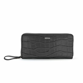 Balcos Long Wallet, Matt Leather, Crocodile Embossed, Round Type, Card Holder, Trendy Dull Color, Black