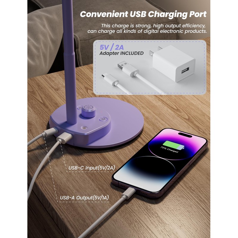 BOHON LED Desk Lamp with USB Charging Port, 3 Color