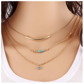 Allereya Boho Evil Eye Pendant Necklace Gold Layered Turquoise Necklace Tube Bar Necklace Choker Devil Eye Necklace Chain Jewellery for Women and Girls