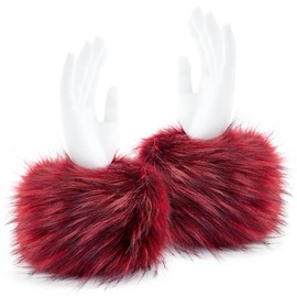 WATAME Women Faux Fur Wrist Cuffs Winter Short Fuzzy Arm Warmers Plush Fluffy Wrist Warmer and Ankle Warmer (Burgundy)