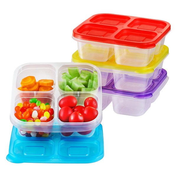 MONGSEW 4PCS Bento Snack Boxes, Snack Containers for Toddlers & Adults, Reusable 4 Compartment food Snack Containers for Work, School, Travel, Picnics, Microwave and Dishwasher Safe, (4 Colors)