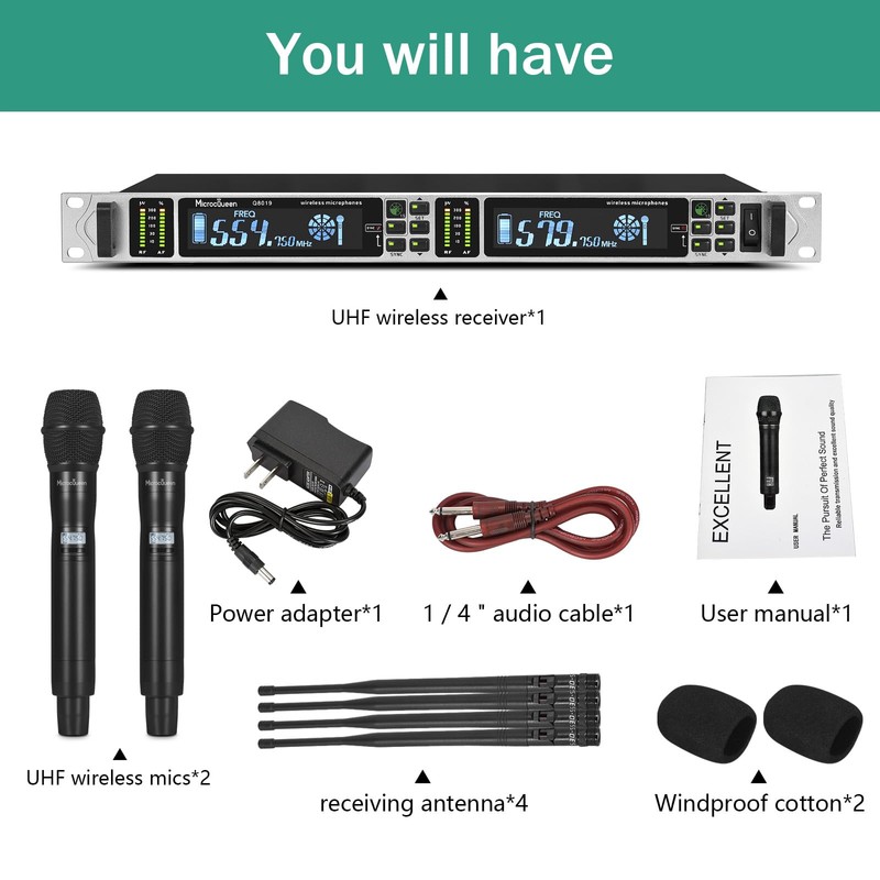 MicrocQueen Professional UHF Wireless Microphone System, Dual Channel 530–580MHz with