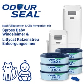 OdourSeal Refill Cassettes & Clip Compatible with Spross Nappy Bin and Littycat Cat Litter Bucket