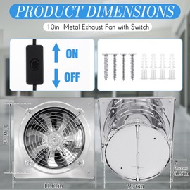 Yaocom 10 Inch Exhaust Fan 988 CFM Kitchen Exhaust Fan with Switch Small Exhaust Fan Bathroom Potable Plug in Garage Exhaust Fan with Damper for Shop, Smoking Room, Industrial Ventilation Use, Silver