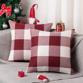 ORANIFUL Buffalo Check Cushion Covers 55cm x 55cm set of 2 Linen Decorative Square Tartan Throw Pillow Case for Sofa Couch Bed Home Decor Car 22x22 Inches (Red & White)