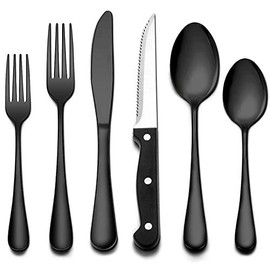 Wildone 24-Piece Black Flatware Set with Steak Knives, Stainless Steel Silverware Cutlery Set Service for 4, Tableware Eating Utensils Include Knives/Forks/Spoons, Mirror Polished, Dishwasher Safe