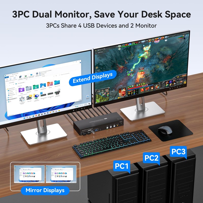 PVBCTCSID HDMI Displayport KVM Switch 3 PC 2 Monitors 8K60Hz