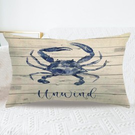 7COLORROOM Sea Life Pillow Covers Double-Sided Printed Wood Grain Sea Animals Crab Rectangular/Waist Cushion Cover Summer Coastal Ocean Theme Home Decorative Pillowcases 12”×20” (12”×20”)
