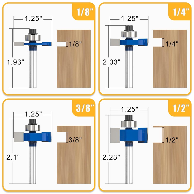 MEIGGTOOL 4Pcs Rabbet Router Bit 1/4" Shank with 6 Bearings