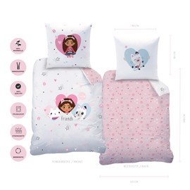 MTOnlinehandel Gabby Bed Linen Duvet Cover 135 x 200 cm 80 x 80 cm Cotton · Children's Bed Linen Girls Bed Linen Gabby's Dollhouse Cat, Hearts · 2 Pieces