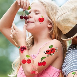 JoyAura Funny Cherry Temporary Tattoos - 6 Sheets 96 Pcs Cherry Birthday Decorations Fake Tattoo Stickers for Boys Girls Dancing Fruit Party Favours Kids Prizes Rewards