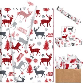 100 Sheets 20 * 14 Inches Christmas Tissue Paper for Gift Bags Red Grey Xmas Tree Buffalo Plaid Elk Snowflake Printed Tissue Paper Rustic Art Tissue for Xmas Party Winter Holidays Craft