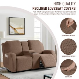 KinCam Loveseat Recliner Covers with Middle Console Slipcover, Recliner Sofa Covers 2 Seat Couch Cover Stripe Jacquard Furniture Protector Covers with Elastic Bottom for Kids, Pets (Light Coffee)