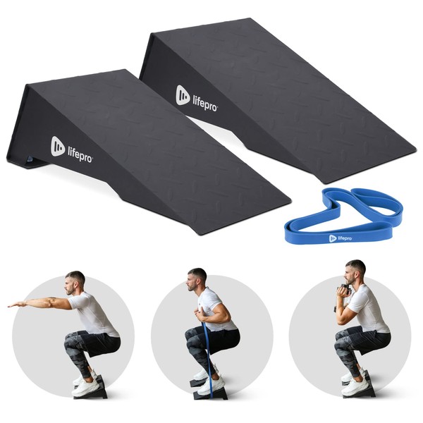 Lifepro Metal Squat Wedge Block Set - Two Squat Ramp Wedges with Resistance Band, Weightlifting Metal Slant Board, Calf Raise Stretcher, Squat Wedge for Heel Elevated Squat, & Slant Board for Squats