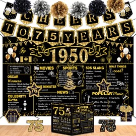 75th Birthday Decorations for Men Women,16PCS Back in 1950 Party Banner Decorations,Including Vintage Backdrop, Cheers to 75 Years Banner,Poster Anniversary Card,7 Hanging Swirl,6 Paper Poms