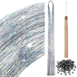 BBTO Silver Hair Strand Kit, 200 Hair Tinsel with Tool, Tinsel Hair Extension, Glitter Hair Strands for Braiding, Silver Hair Tinsel for Women, Girls, Children, Cosplay, Party Accessories