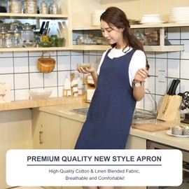 YushengTai Japanese Style Aprons, Minimalist Cotton Linen Aprons with Pockets, Aprons with X-shaped Dummies, Ideal for Cooking and Barbecuing, Gardening, Relaxing and More, navy blue