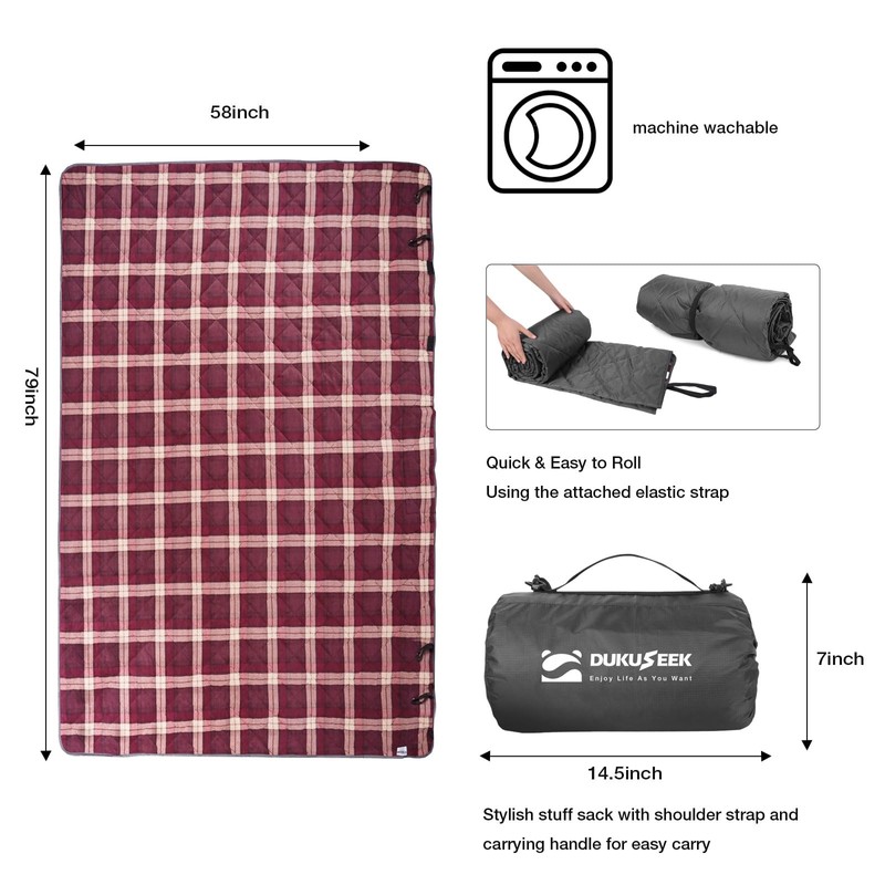 DUKUSEEK Large Camping Blanket - Waterproof, Quilted, Extra Thick Fleece,