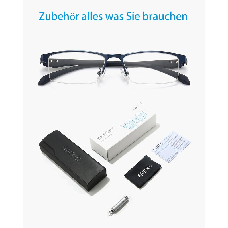 ANRRI Blue Light Glasses Men Half Round Rectangle Metal Frame