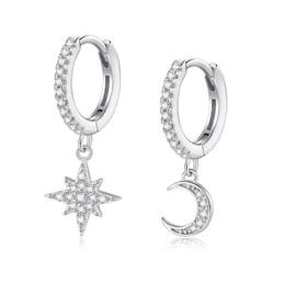PARYFO Moon Star Hoop Earrings 925 Sterling Silver Moon Star Huggie Earrings Small Dangle Hoop Earrings Dainty Cubic Zirconia Small Hoop Earrings Jewelry Gift for Women Wife Mother