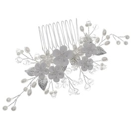 Healeved Elegant Flower Hair Comb with Rhinestone Pearls for Women Bridal Hair Accessory Side Clip Handmade Silver Decorative Comb for Wedding and Special Occasions