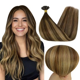 Full Shine U Tip Hair Extensions Real Human Hair Extensions for Women Color #4/24/4 Brown Highlighted Caramel Blonde Hair Extensions 50 Strands Keratin Fusion Hair Extensions 16 Inch
