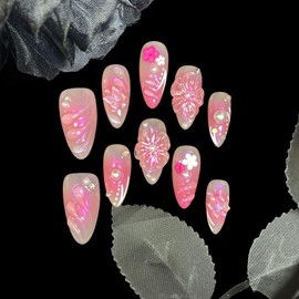 Handmade Press On Nails, Medium Almond Shape, Pink Aurora Cotton Candy Design, 3D Floral Pearl Butterfly Accents, Reusable Acrylic False Nails (Pink Aurora, S)