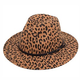 Upstore Women Leopard Print Wide Brim Fedora Hat with Belt Buckle Felt Panama Trilby Hat Church Derby Cap Jazz Hat
